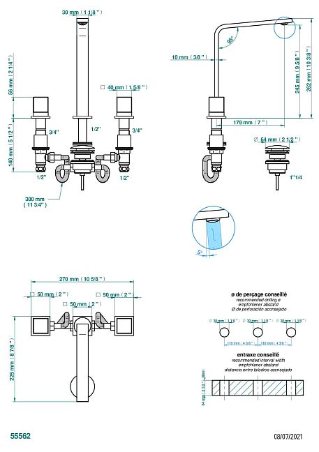 Смеситель для раковины  THG Soho на три отверстия устанавливаемый на борту с донным клапаном