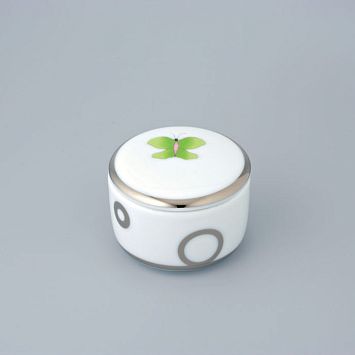 THG CAPUCINE VERT DECOR PLATINE Коробка для таблеток керамическая, круглая &oslash;55 мм., настольная, декор платина/зеленый, цвет: белый