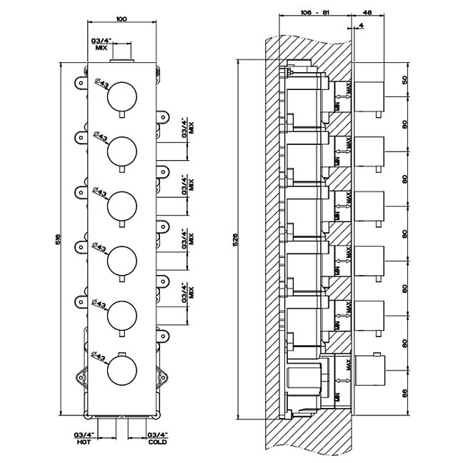 Gessi 316 Встраиваемый термостатический смеситель на 5 источников, резьба 3/4 (внешние части), steel brushed