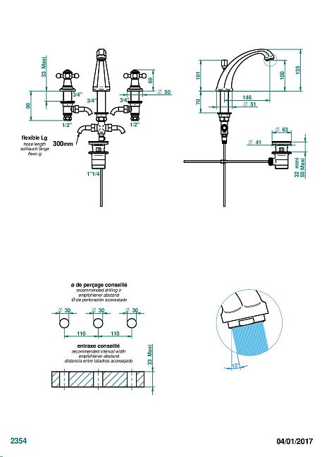 Смеситель THG Charleston  для раковины на три отверстия устанавливаемый на борту с донным клапаном