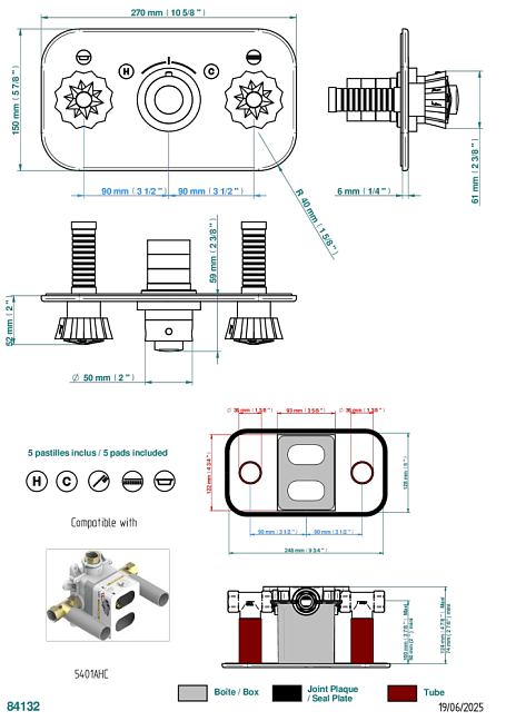 Накладка THG Mille Nuits - Brume crystal с ручкой регулировки температуры и двумя маховиками для термостатического смесителя с горизонтальной установкой