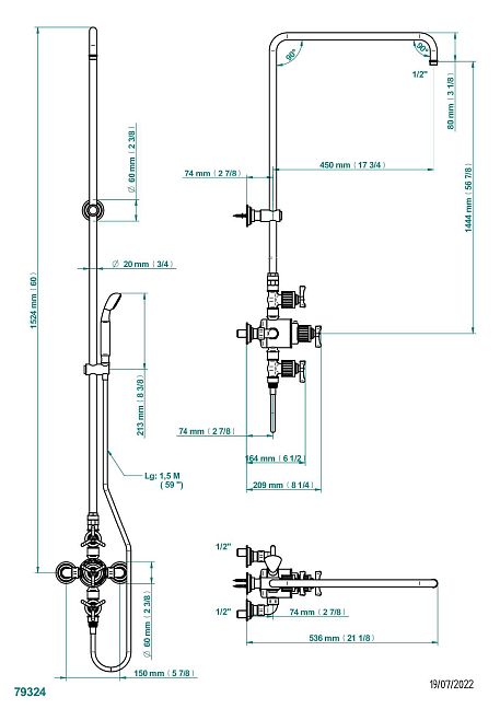 Смеситель термостатический для душа THG Hamptons встраиваемый в стену / перекрывающие краны / открытая душевая колонна / душ "телефон", шланг и настенные рожки для лейки - межцентровое расстояние 150 мм. (без верхней лейки)