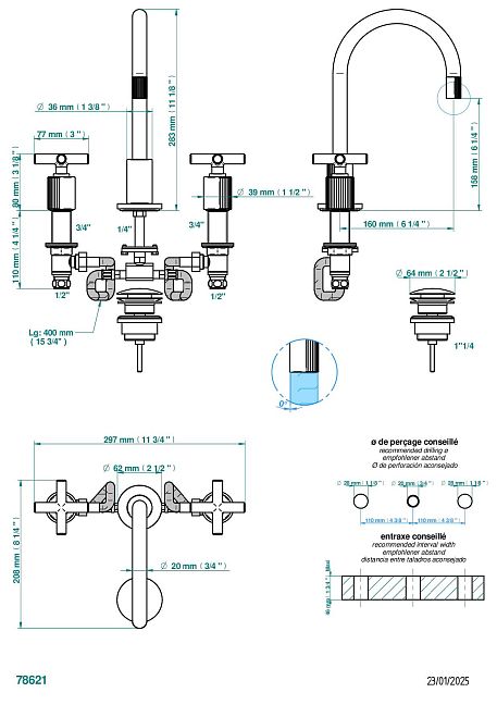 Смеситель для раковины THG Estrela на три отверстия устанавливаемый на борту с донным клапаном - высокий излив