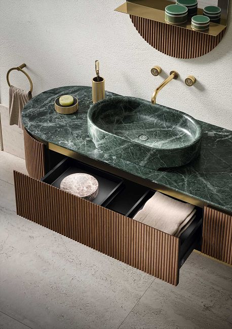 Комплект мебели Oasis Naos, подвесной, мраморная раковина и столешница verde alp, тумба орех рифлёный, смеситель и аксессуары: золото матовое