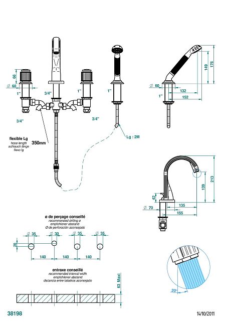 Смеситель  THG Jaipur Black Onyx устанавливаемый на борту ванны на 4 отверстия с душем, переключатель на нормальный излив