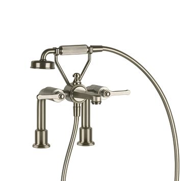 Gessi Venti20 Смеситель для установки на борт ванны на 2 отверстия, двухвентильный, с ручным душем и шлангом 1500 мм., Finox Brushed Nickel