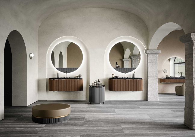 Комплект мебели Oasis Naos, подвесной, мраморная столешница nero marquinia, отделка: рифлёный орех /хром
