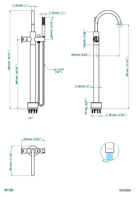 Смеситель для ванны THG Yoko Ice свободностоящий с ручным душем с защитой от жёсткой воды