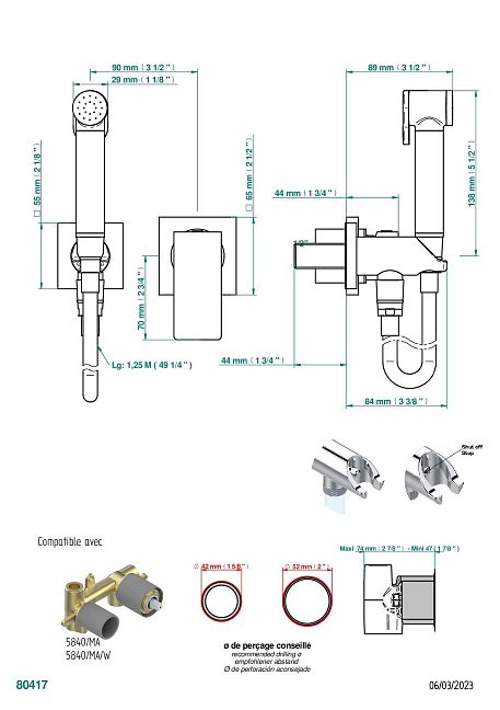 Комплект для душа THG Soho, включающий смеситель, армированный шланг 1 м 25 см, ручной душ с курковым распылителем, выход из стены и предохранительный запорный клапан