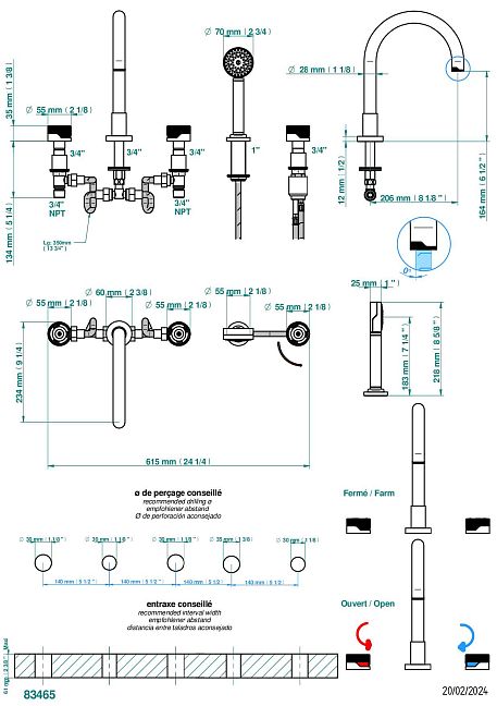 Смеситель THG Zoom.5 для ванны, 5-рычажный  с очень высоким изливом «Super Goliath», 2 клапана 3/4", и накладным душем-лейкой, управляемый прогрессивным картриджем
