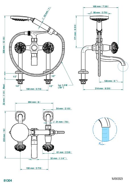 Смеситель THG Camelia Clear crystal для ванны/душа устанавливаемый на борту на два отверстия с душем и шлангом - 150 мм между центрами