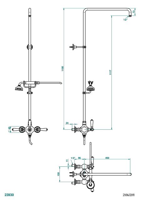 Смеситель THG 1900 a manettes для душа встраиваемый в стену / переключатель / открытая душевая колонна / душ "телефон", шланг и настенные рожки для лейки - межцентровое расстояние 150 мм. (без верхней лейки)