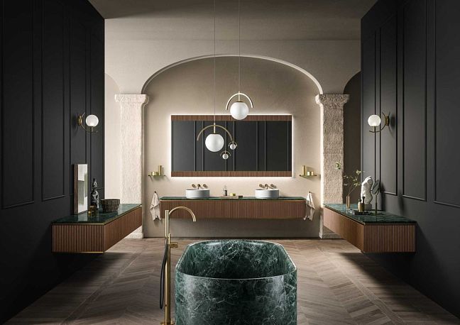 Комплект мебели Oasis Naos, подвесной, мраморная столешница verde alp, Отделка: Рифленая текстура ореха / Сатиновое золото