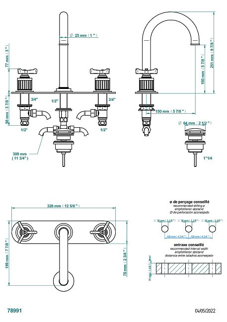 Смеситель  для раковины THG Hamptons на 3 отверстия со сливным гарнитуром (донным клапаном), с высоким изливом, на общей декоративной панели (backplate).