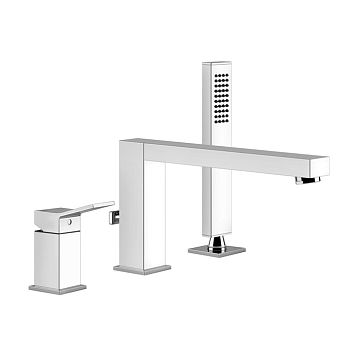 Gessi Rettangolo K Смеситель для ванны на 3 отверстия, с встроенным в излив переключателем и ручным душем, хром