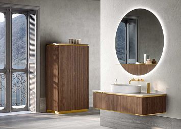 Комплект мебели Oasis Naos напольный, Столешница: Покрытие Purefeel "Bianco Ghiaccio". Отделка: Рифленая текстура ореха / Глянцевое золото