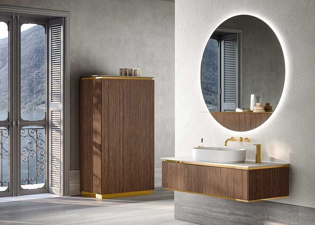 Комплект мебели Oasis Naos напольный, Столешница: Покрытие Purefeel "Bianco Ghiaccio". Отделка: Рифленая текстура ореха / Глянцевое золото