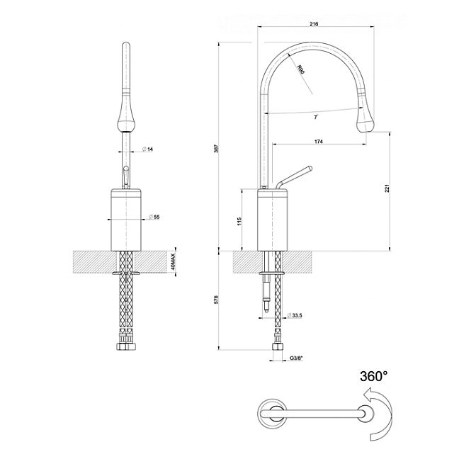 Gessi Goccia Смеситель для раковины на 1 отверстие, высокий, излив 174мм R=90, черный