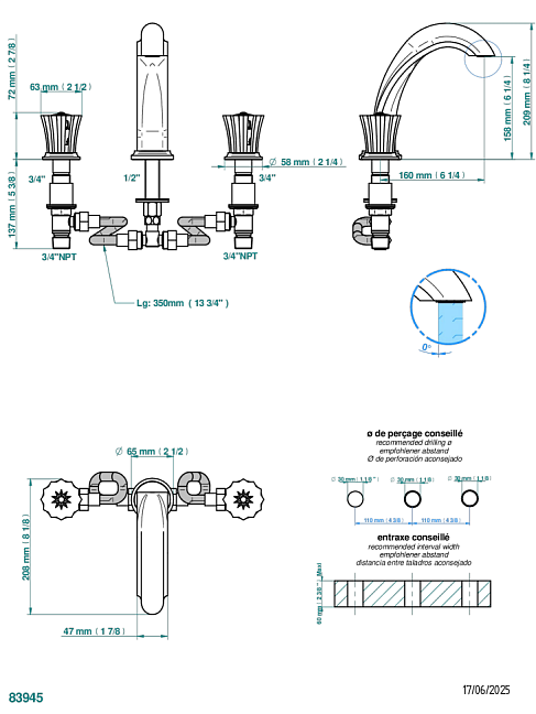 Смеситель для ванны THG Mille Nuits - Brume crystal на 3 отверстия устанавливаемый на борту - излив ГОЛИАФ