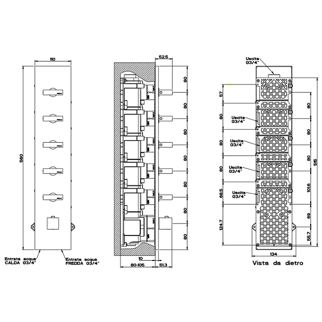 Gessi Rettangolo Встраиваемый термостат, подключение на 3/4, с 5ю независимыми выходами(внешние части), хром