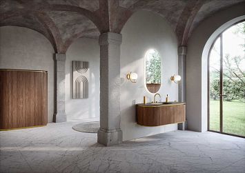 Комплект мебели Oasis Naos, подвесной, столешницаПокрытие Purefeel "London Grey", Отделка: Текстура натурального ореха / Сатиновое золото