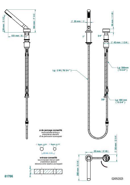 Смеситель THG Yoko Ice устанавливаемый на борту с ручным душем с ручкой одновременной регулировки – потока/температуры