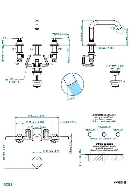 Смеситель  THG Dean для раковины на три отверстия устанавливаемый на борту с донным клапаном