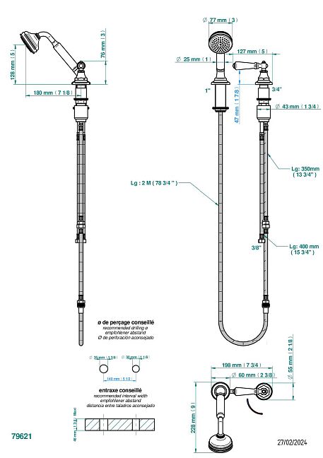 Смеситель THG 1900 a manettes устанавливаемый на борту с ручным душем с ручкой одновременной регулировки – потока/температуры