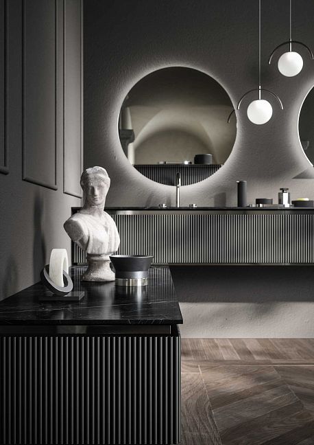 Комплект мебели Oasis Naos, подвесной, мраморная столешница Nero Marquina, Отделка: Глянцевый лакированный цвет "Anthracite Dark" (Антрацитовый темный) / Black nickel