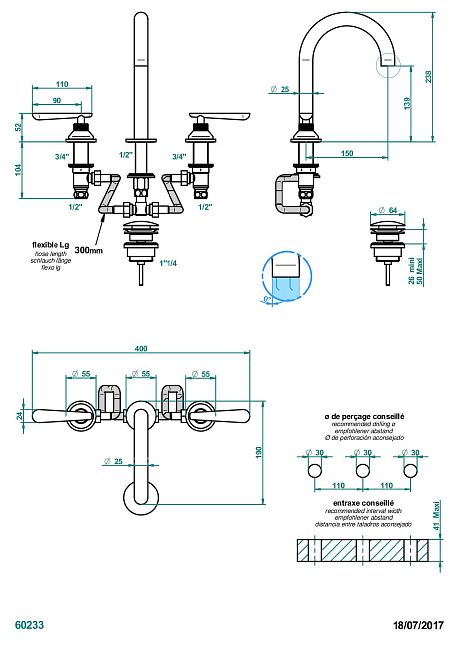 Смеситель для раковины THG Dean на три отверстия устанавливаемый на борту с донным клапаном - высокий излив
