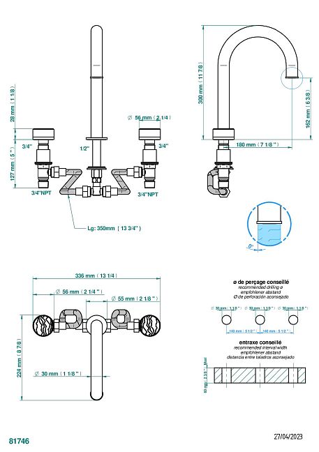 Смеситель для ванны  THG Yoko Ice на 3 отверстия устанавливаемый на борту - излив СУПЕР ГОЛИАФ