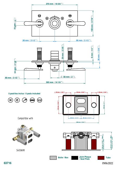Накладка THG Dean с ручкой регулировки температуры и двумя маховиками для термостатического смесителя с горизонтальной установкой