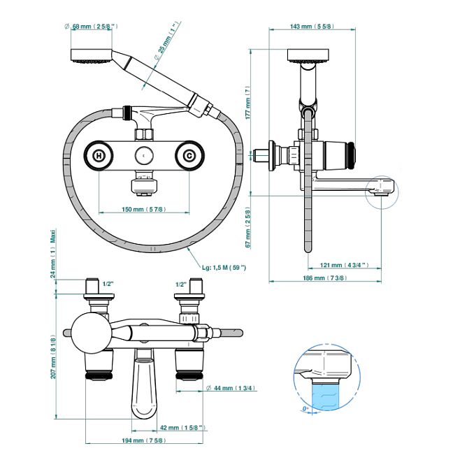 THG CORVAIR Смеситель для ванны настенный, с ручным душем и шлангом 1500 мм., цвет: хром
