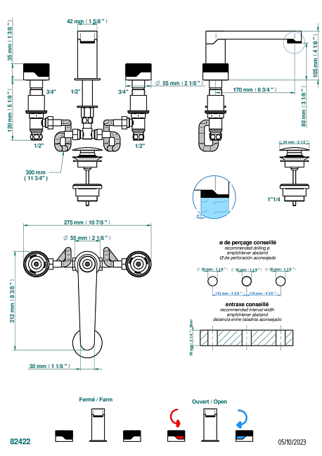 Смеситель для раковины THG Zoom.5 на три отверстия устанавливаемый на борту с донным клапаном
