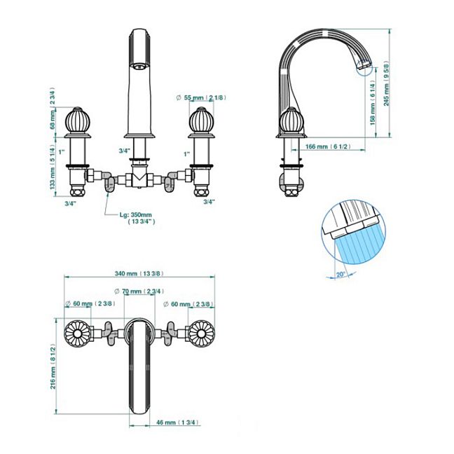 THG Mandarine clear crystal Смеситель для установки на борт ванны на 3 отверстия, без ручного душа, цвет: полированное золото