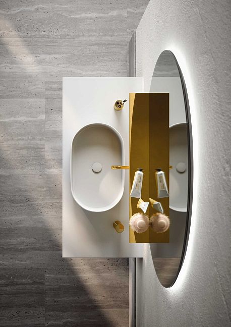 Комплект мебели Oasis Naos напольный, Столешница: Покрытие Purefeel "Bianco Ghiaccio". Отделка: Рифленая текстура ореха / Глянцевое золото