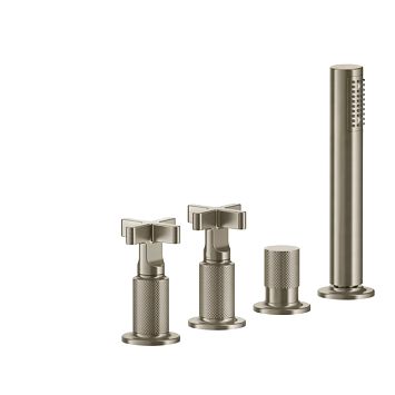 Gessi Inciso Смеситель для ванны на 4 отверстия для наполнения через слив-перелив, переключатель, с ручным душем, Finox Brushed Nickel