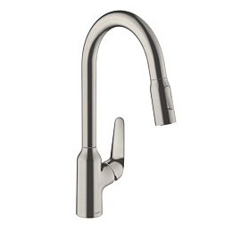 Кухонный смеситель Hansgrohe Focus, на 1 отв., с выдвижным изливом, изилв: 22см., цвет: полированная сталь купить в Москве: интернет-магазин StudioArdo