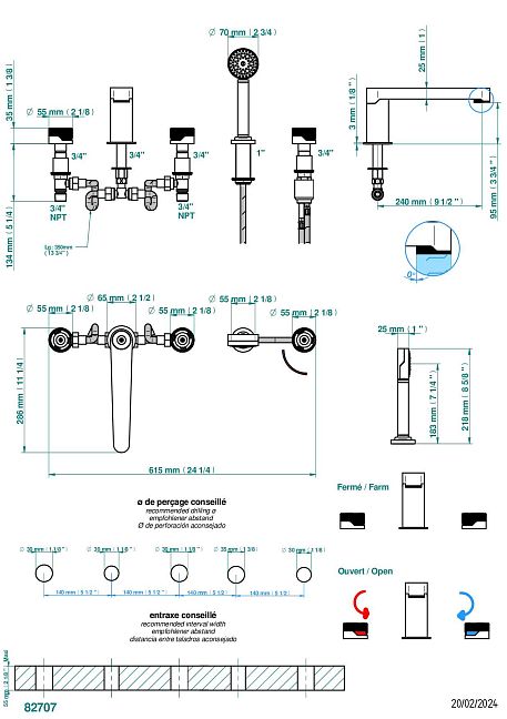Смеситель THG Zoom.5 на борт ванны на 5 отверстий с душем, керамическим смесителем, 2 вентилями ¾" и изливом СУПЕР ГОЛИАФ