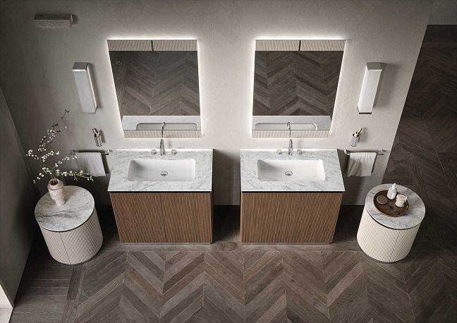  Комплект мебели Oasis Naos напольный, мраморная столешница, bianco carrara, Отделка: Рифленая текстура ореха / Хром