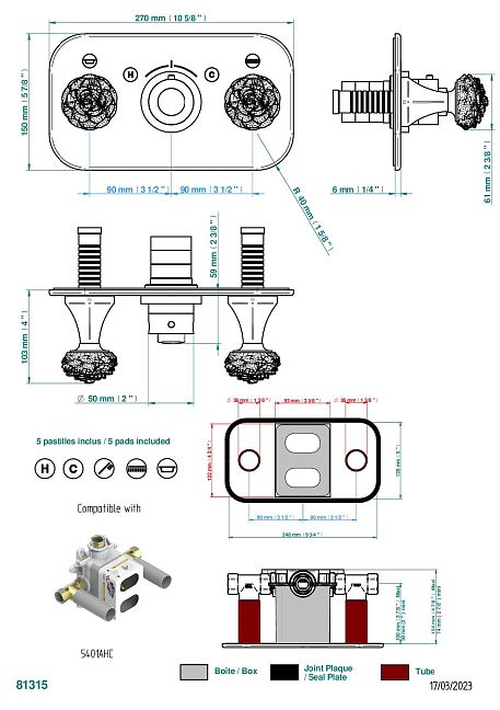 Накладка THG Camelia Clear crystal с ручкой регулировки температуры и двумя маховиками для термостатического смесителя с горизонтальной установкой
