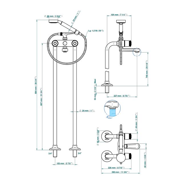 THG CORVAIR FIOR DI BOSCO Смеситель для ванны напольный, с ручным душем и шлангом 1500 мм., цвет: Blush PVD