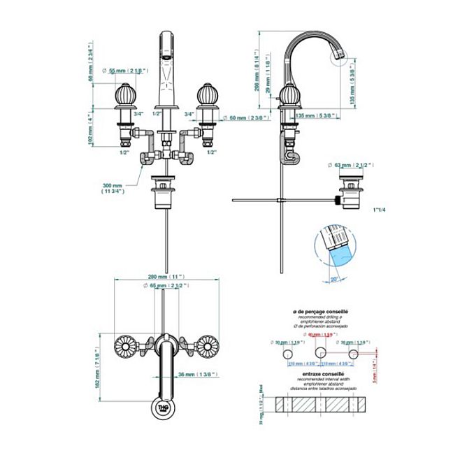 THG Mandarine clear crystal Смеситель для раковины на 3 отверстия, с донным клапаном, цвет: полированное золото