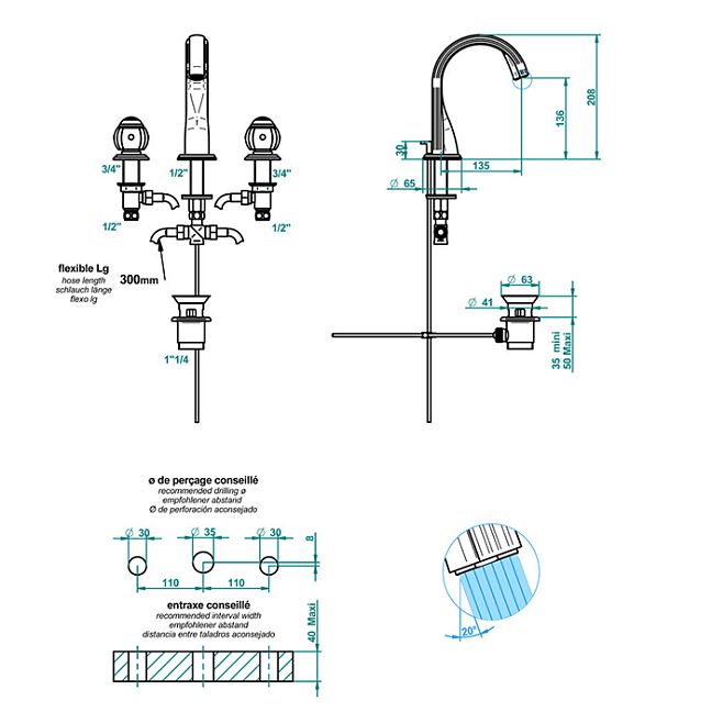 THG Ithaque decor platine Смеситель для раковины, 3 отв., цвет: хром/платина/белый фарфор
