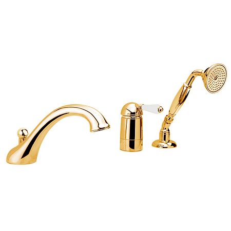 Nicolazzi P.M. Blanc Смеситель на борт ванны на 3 отверстия, с изливом 200мм и ручным душем, ручки белая керамика, цвет: золото