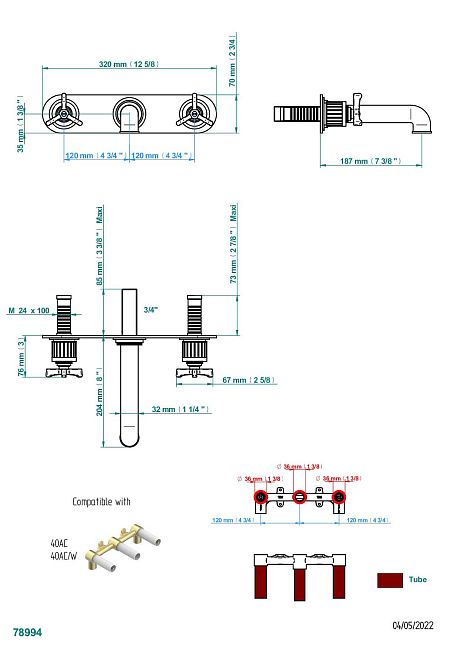 Внешняя часть смесителя THG Hamptons встраиваемого в стену для раковины на три отверстия с изливом ГОЛИАФ G4R-40GB/P