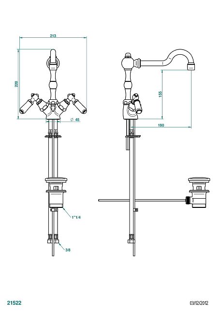 Смеситель THG 1900 a manettes для раковины на одно отверстие с донным клапаном