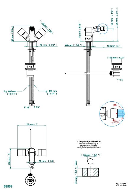 Смеситель для биде THG Montaigne marbre Grand Antique на одно отверстие с поворотным аэратором и донным клапаном