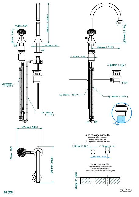 Смеситель THG Camelia Black Crystal с прогрессивным картриджем для раковины на 2 отверстия с краном, без донного клапана