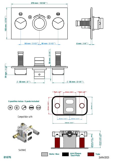 Накладка THG Yoko Delta с ручкой регулировки температуры и двумя маховиками для термостатического смесителя с горизонтальной установкой